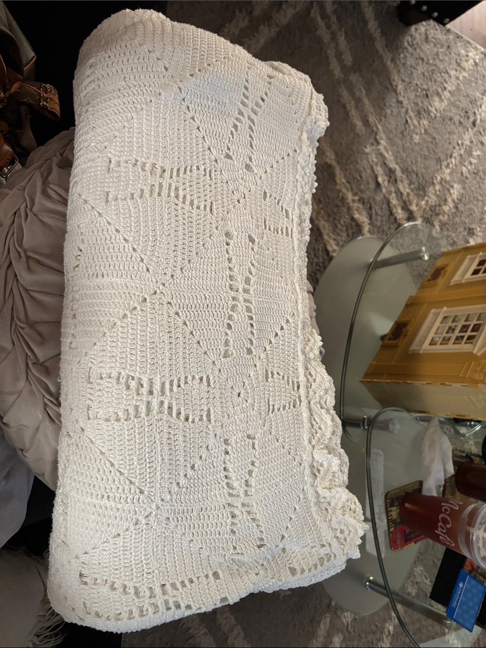 Handmade White Crochet Throw Blanket or bedspread size queen
